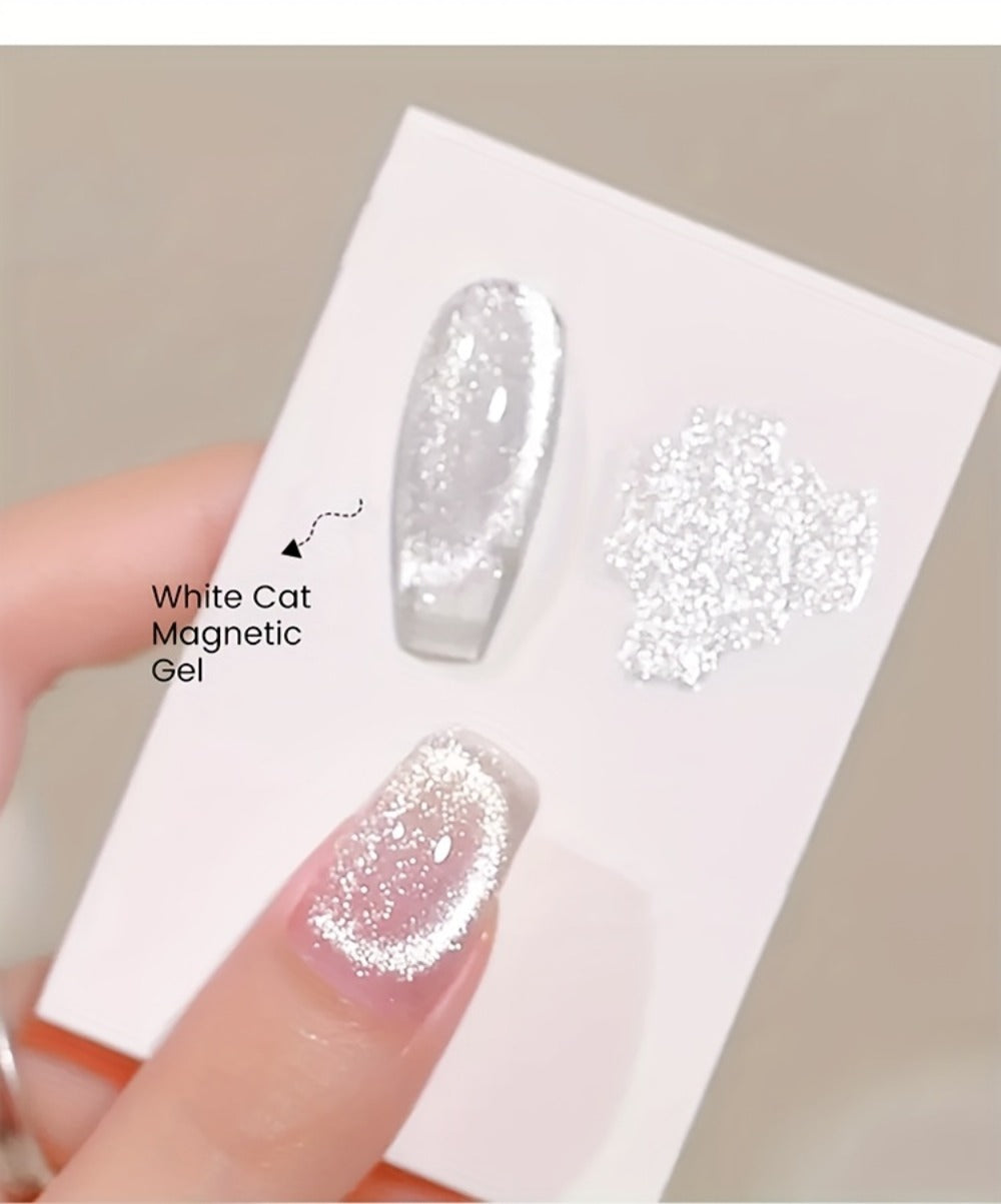 White Glitter Cat Eye Gel Polish Set 2pc Sparkling Magnetic with Stick Included | Soak Off UV LED 0.51oz Each Semi-Permanent 3D Nail Art | Salon & Home DIY Manicure Kit for Women Beginners