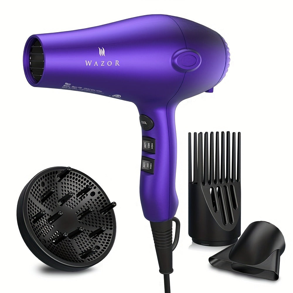 Purple WAZOR 1875W Hair Dryer with Three Heat Settings, Two Speeds, Cool Shot and Three Styling Attachments
