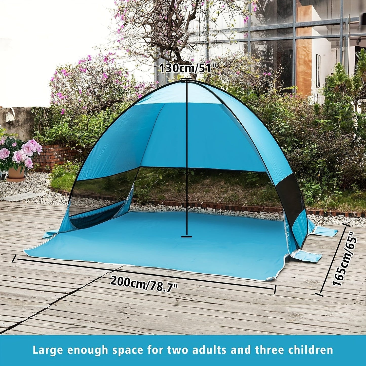 Pop-Up Beach Sun Shelter with 200 x 165 x 130 cm Interior, Six Stakes and Green or Blue Options