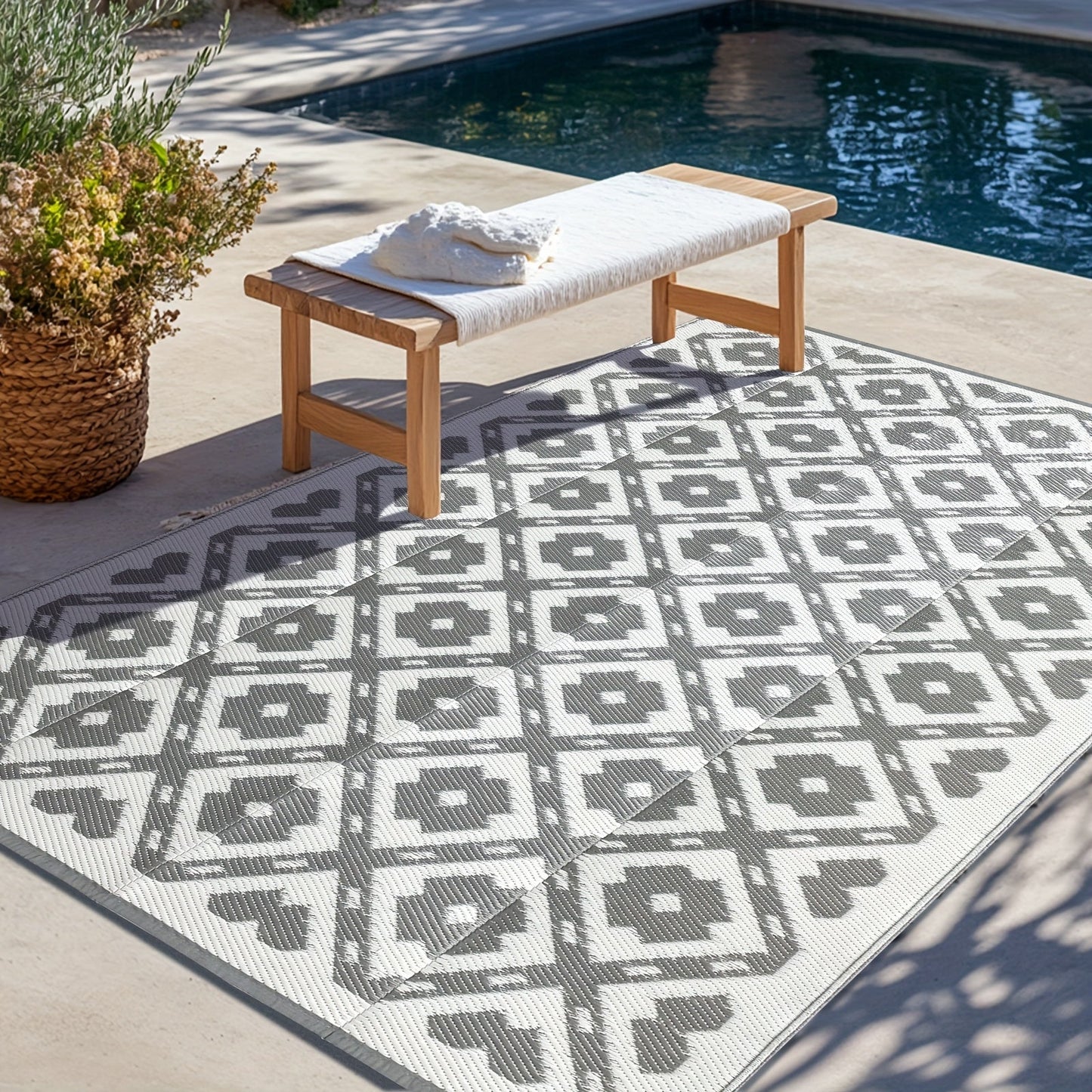 Outdoor Area Rug Waterproof Foldable Picnic Mat for Patio Balcony RV Camping Beach Garden – Blue Clover & Gray, Multiple Sizes