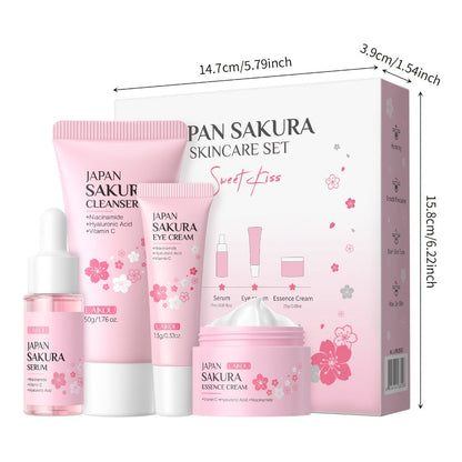 4-Piece Sakura Skincare Gift Set with Cleanser, Serum, Essence Cream and Eye Cream in Coordinated Pink Packaging