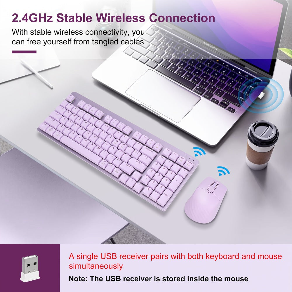 FA98 Low-Profile 98-Key Wireless Keyboard and Mouse Set with Purple, Silver or Pink Color Options