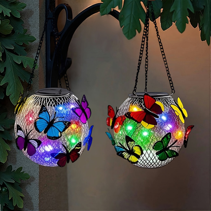Solar Outdoor Lights 2-Pack Metal Butterfly Hanging Lanterns in Warm White or Multicolor for Porch Decor
