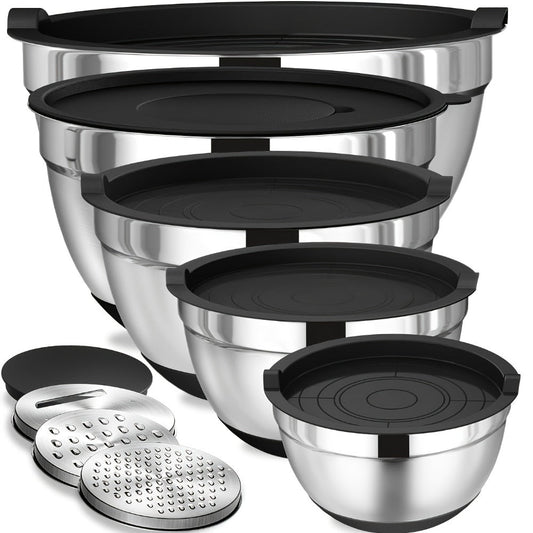 Stainless Steel Mixing Bowl Set with Airtight Lids & Non-Slip Silicone Base, 8-Piece Nesting Bowls for Baking Cooking Serving, Dishwasher Safe Kitchen Mixing Bowls with Lids for Food Storage