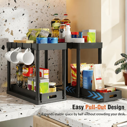 Under Sink Organizer 2pcs Double Tier Sliding Storage Basket with 8 Hooks – Kitchen Bathroom Cabinet Rack Shelf