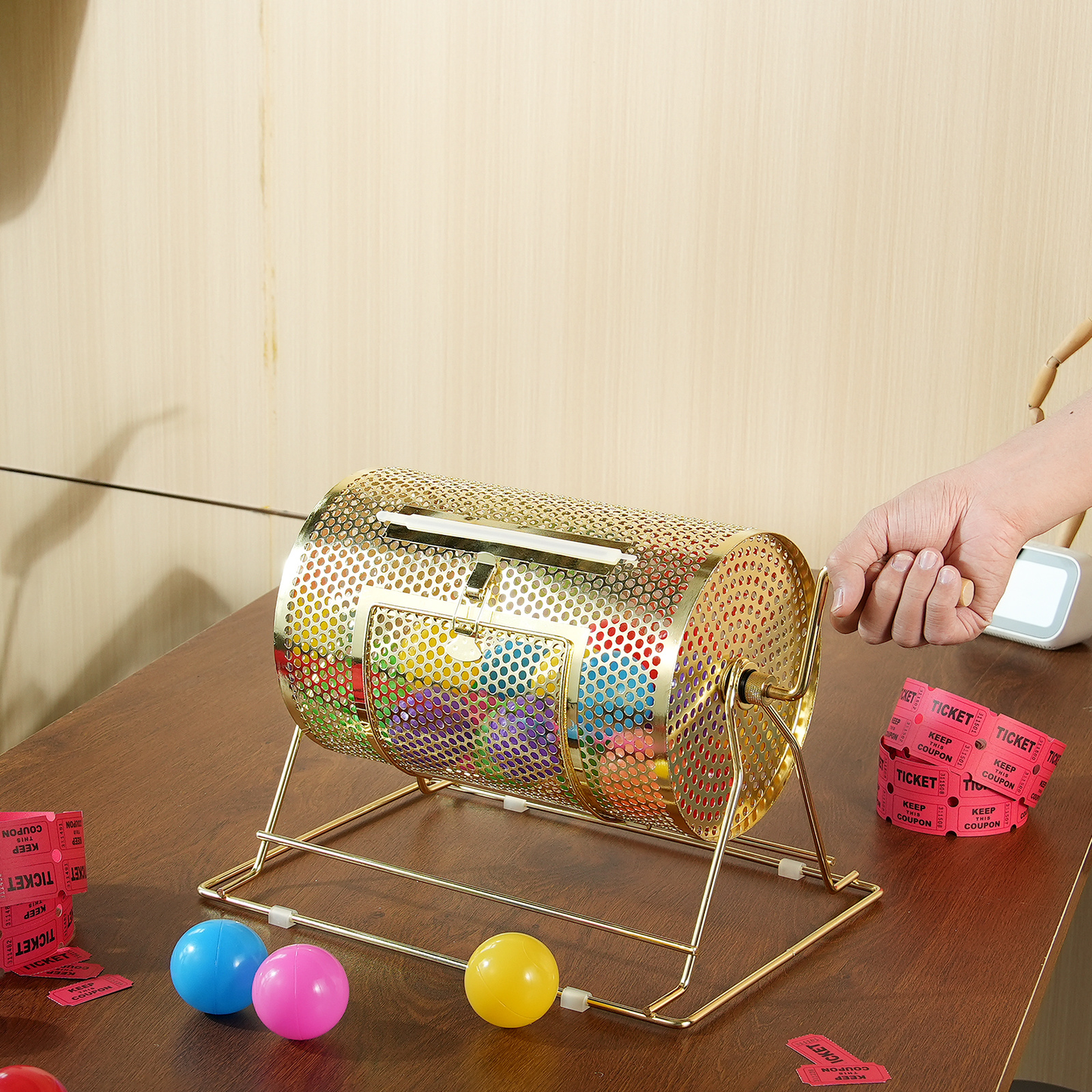 Gold-Tone Raffle Drum with Crank Handle, Perforated Rotating Cage, Base Stand and Ticket Accessories
