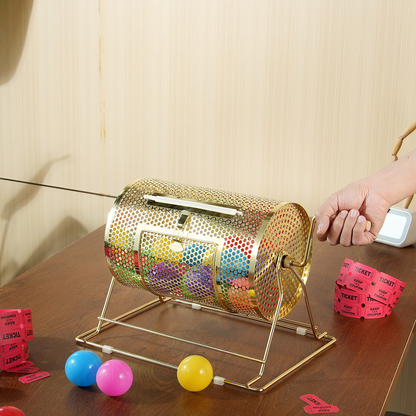 Gold-Tone Raffle Drum with Crank Handle, Perforated Rotating Cage, Base Stand and Ticket Accessories