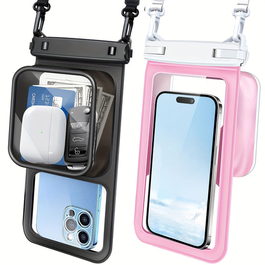 Waterproof Phone Pouch 2-Pack Double Layer Black & Cyan – PVC Dry Bag for Swimming, Rafting & Water Sports, Fits Up to 7.5", Dual Compartment with Adjustable Lanyard & Double Hook for Kayaking, Beach & Camping