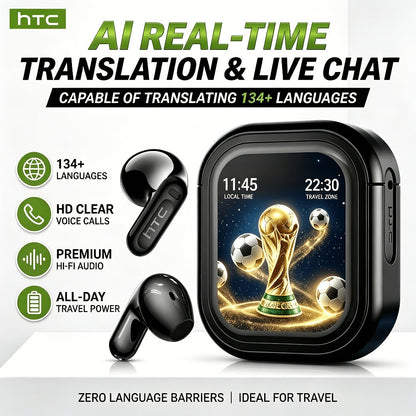 131 Language Real-Time Translation Wireless Headphones HTC NE20 TWS HiFi Sound Low Latency Gaming AI Noise Reduction LED Touch Screen Built-In Mic for Business Travel Office Study Gaming Birthday Gift