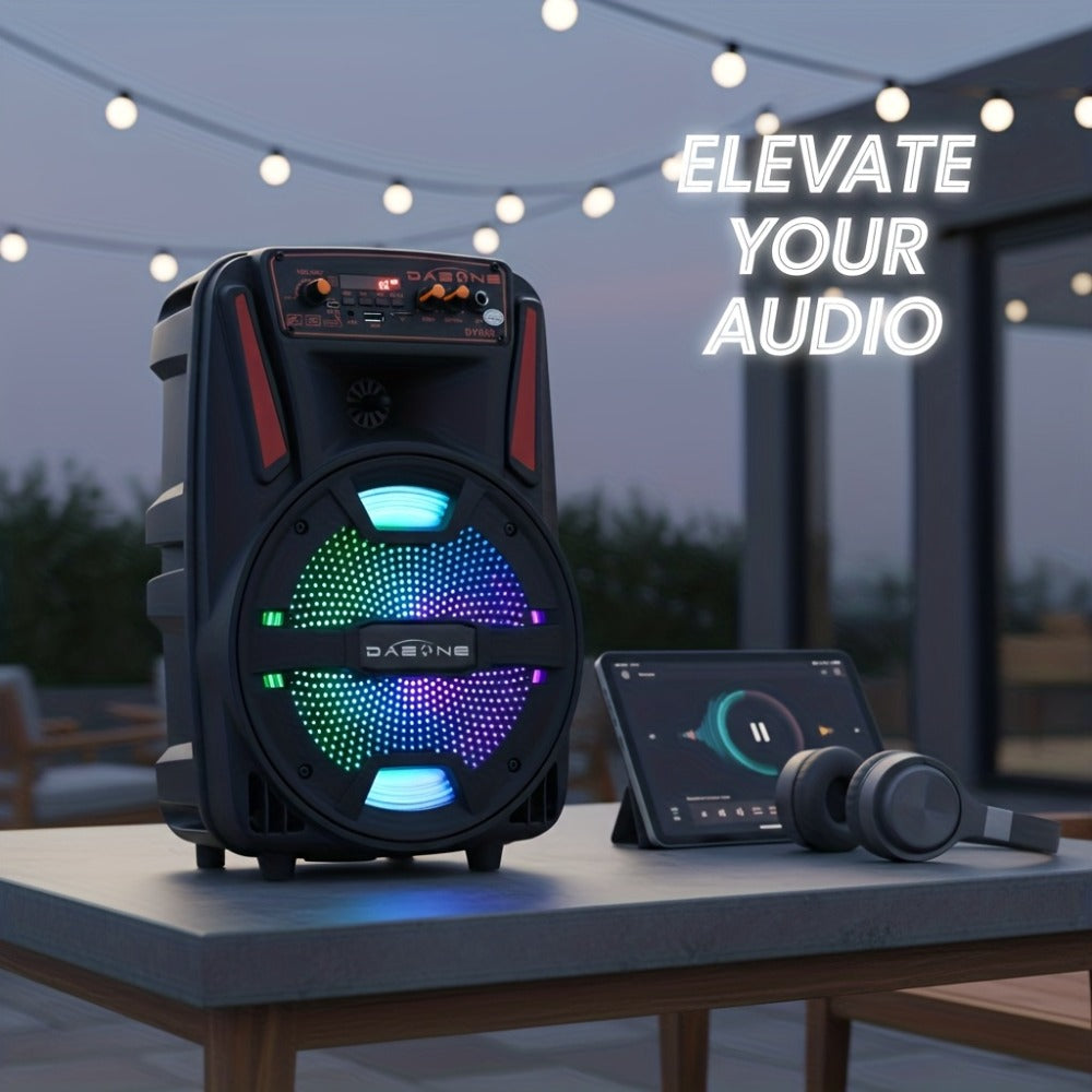 8-Inch Bluetooth Party Speaker with LED Lights & Wired Microphone – TWS Stereo Bass Boost, FM Radio, USB TF AUX Playback, Rechargeable Battery, Portable Wireless Speaker for Outdoor Parties & Karaoke