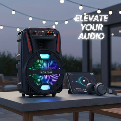8-Inch Bluetooth Party Speaker with LED Lights & Wired Microphone – TWS Stereo Bass Boost, FM Radio, USB TF AUX Playback, Rechargeable Battery, Portable Wireless Speaker for Outdoor Parties & Karaoke