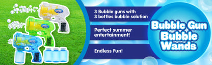 3-Pack Bubble Gun Blower with 3 Pre-Loaded Solution Refills – Hand-Powered, Color-Changing Bubbles, Ergonomic Grip, ASTM Safe, Kids Birthday Party Favor, Easter Egg Hunt, Summer Outdoor Indoor Play