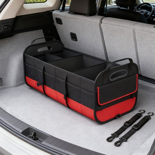 Foldable Car Trunk Organizer 95L – 4-Compartment Storage Box with 2 Retractable Straps, Collapsible Cargo Bin for SUV Truck Minivan – Travel Camping Shopping