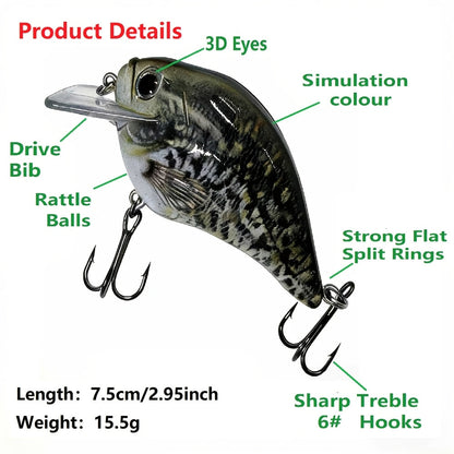 Fishing Lure Set 5-Piece Fat-Body Crankbaits, 2.95-Inch 15.5g Slow-Sinking Wobblers with Diving Bills and Treble Hooks
