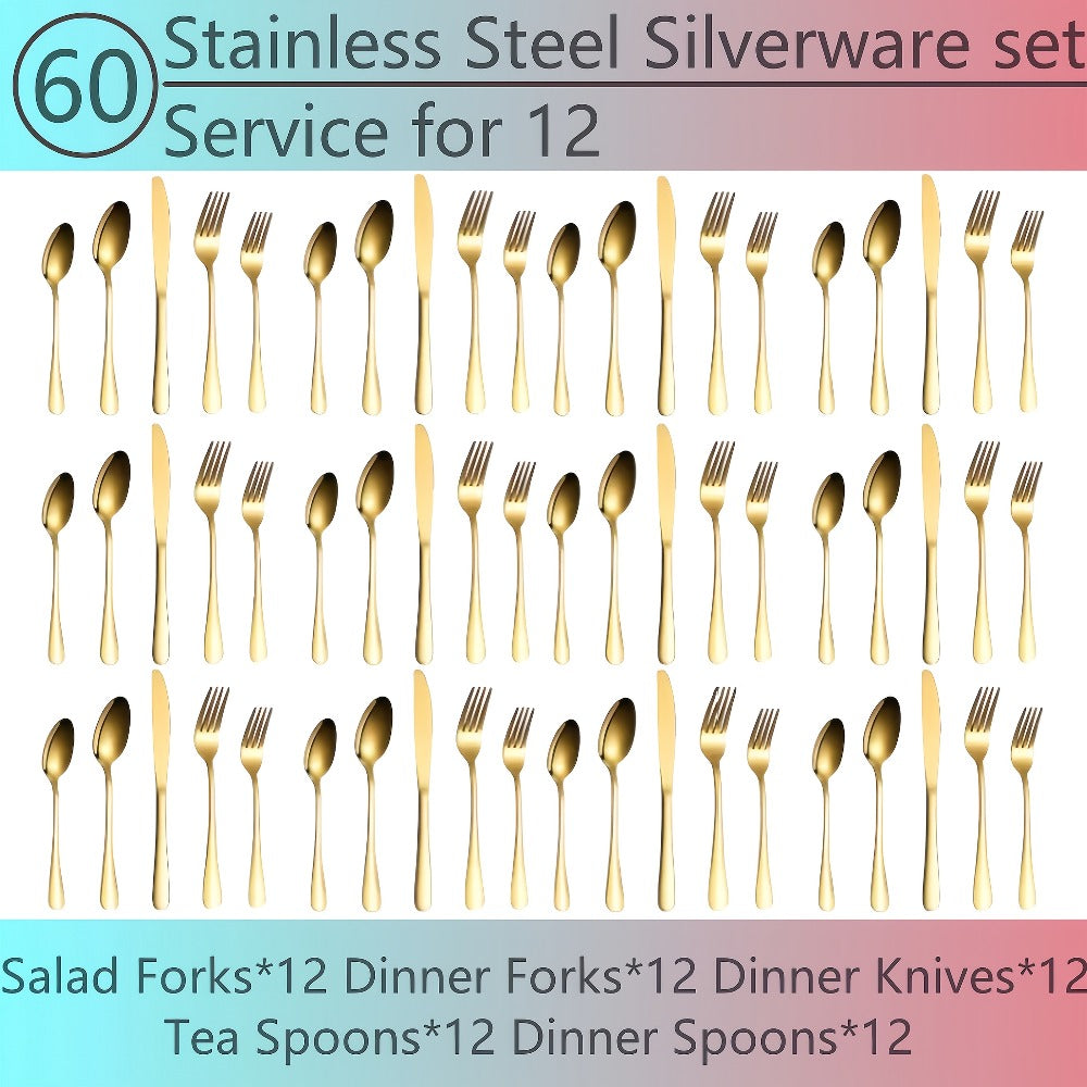 20- or 60-Piece Flatware Set in Silver, Gold or Rainbow Finish with Five-Piece Place Settings