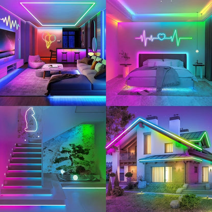 RGBIC LED Strip Lights Music Sync App & Remote Control - IP65 Waterproof Cuttable Flexible Neon Rope Light Color Chasing for Bedroom Gaming Room TV Backlight Outdoor Courtyard Christmas Halloween Decoration 2m 3m 5m