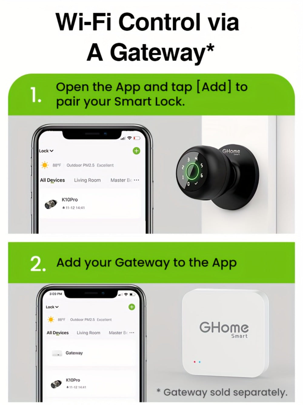 GHome Smart Lock Knob with Fingerprint & Keypad - USB-C Rechargeable, App-Controlled Keyless Entry, Auto-Lock, Passage & Privacy Mode, K10 / K10 PRO / K20 / KD03 PRO, for Home Bedroom Office