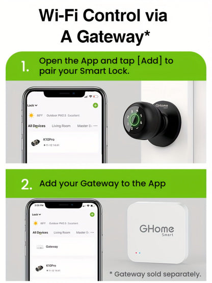 GHome Smart Lock Knob with Fingerprint & Keypad - USB-C Rechargeable, App-Controlled Keyless Entry, Auto-Lock, Passage & Privacy Mode, K10 / K10 PRO / K20 / KD03 PRO, for Home Bedroom Office