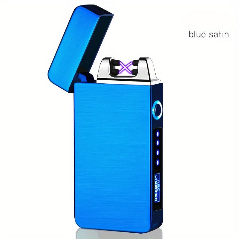 Flip-Top Dual-Arc Electric Lighter with Power Display in Three Black and Blue Color Options