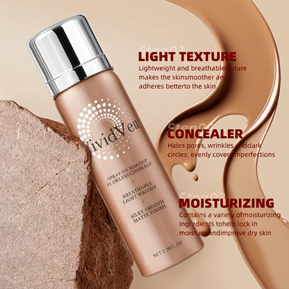 Spray-On Liquid Foundation Bottle with Matching Face Brush in Four Shades from Natural to Porcelain