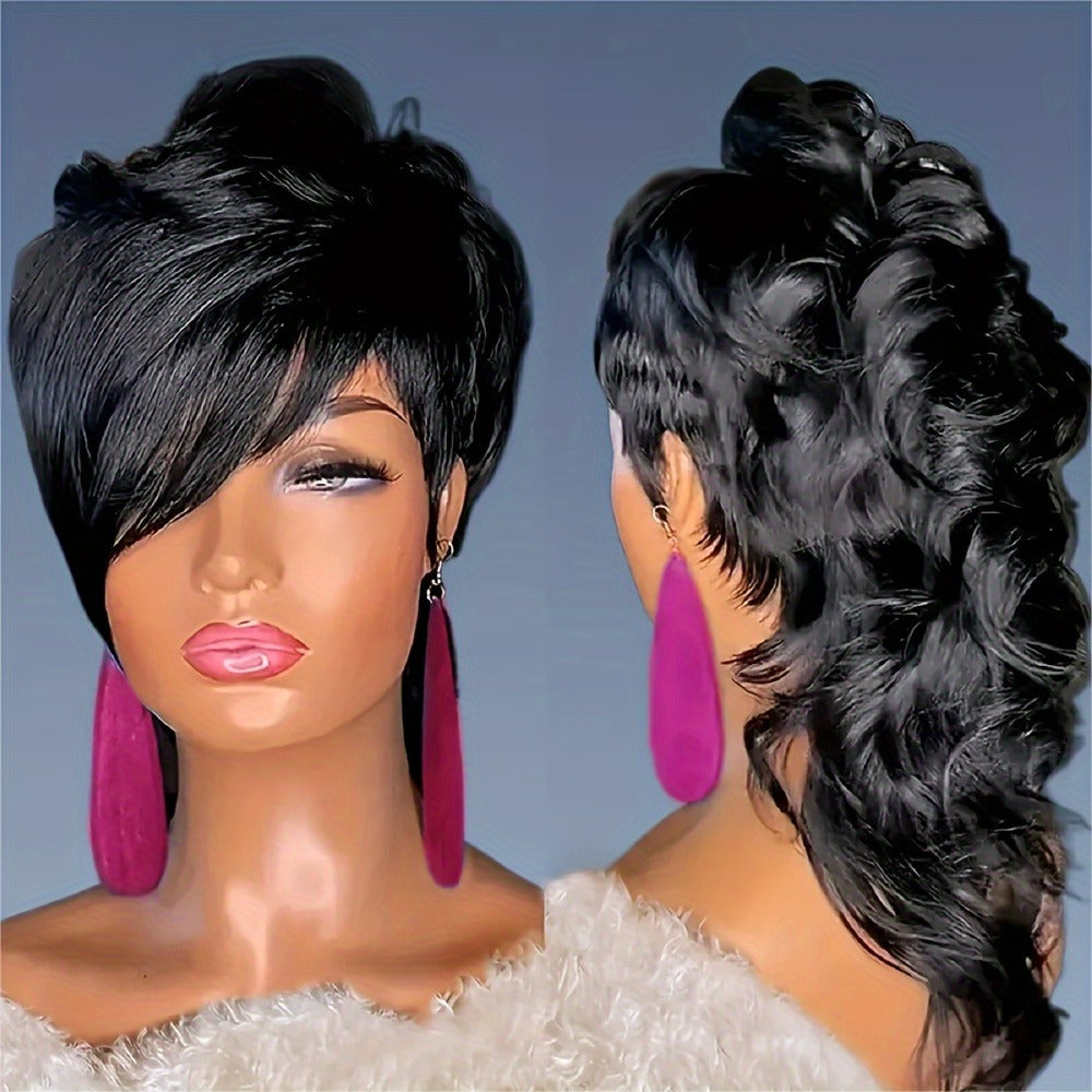 Pixie Cut Mullet Wig with Bangs Curly Wave Synthetic Hair 150% Density Rose Net Cap – Heat Resistant Short Layered Wig for Women Daily Wear Cosplay Fashion Black Burgundy 14 Inch
