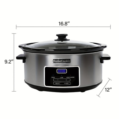 Slow Cooker 7.5 Quart Digital Programmable with Timer Ceramic Pot Stainless Steel Housing 3 Heat Settings Low High Keep Warm Large Capacity for Family Dinners Holiday Feasts Serves 10 Plus People