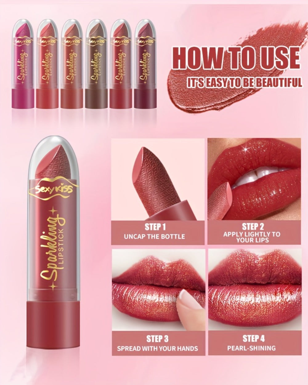 Lipstick Set, Sexy Kiss 6-Piece Sparkling Shimmer Bullet Collection in a Pink Presentation Box