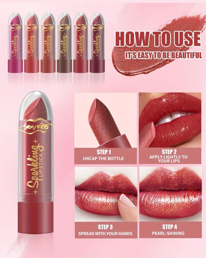 Lipstick Set, Sexy Kiss 6-Piece Sparkling Shimmer Bullet Collection in a Pink Presentation Box