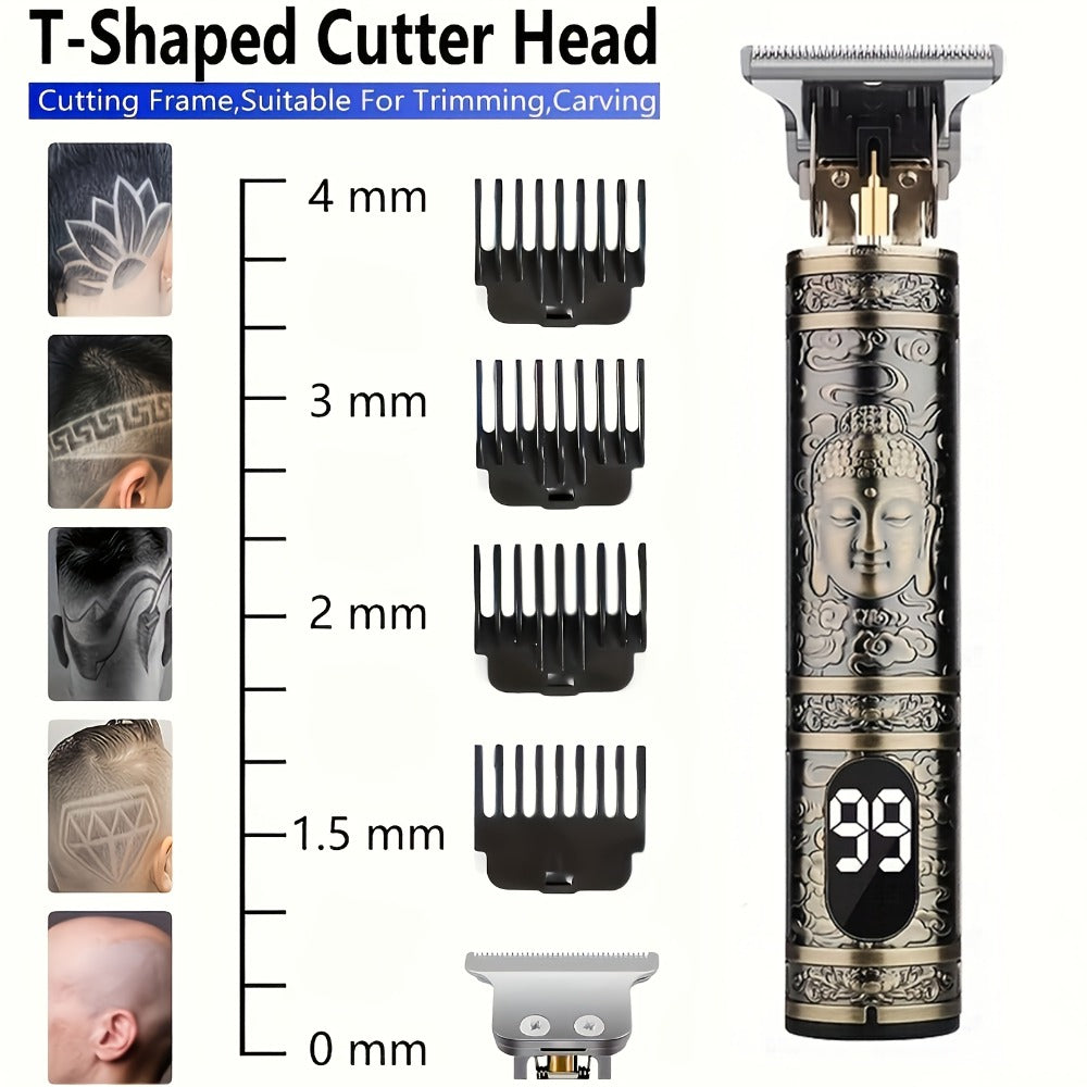 Hair Clipper Vintage T-Blade Cordless Trimmer with LCD Power Display and Dragon or Buddha Designs