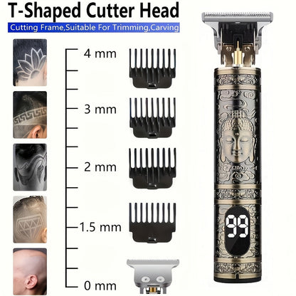 Hair Clipper Vintage T-Blade Cordless Trimmer with LCD Power Display and Dragon or Buddha Designs