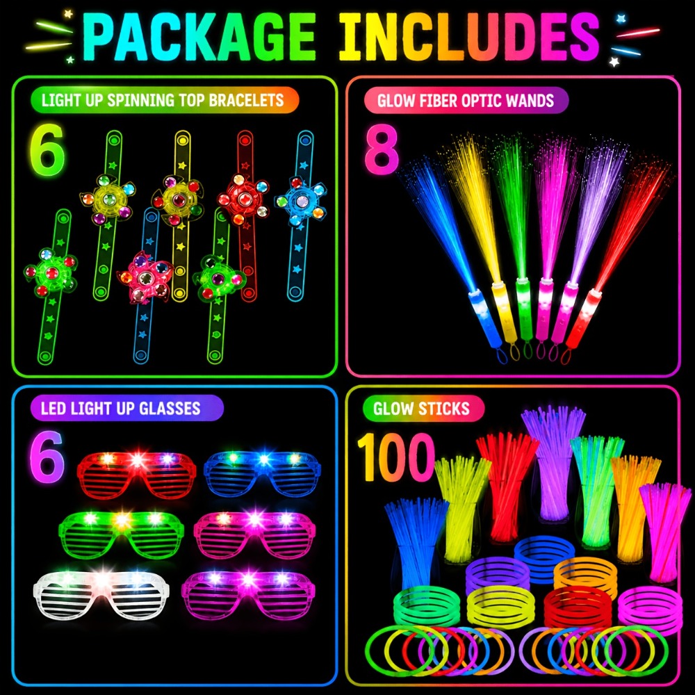 Neon Glow Accessory Party Supplies Set with 120 Pieces including Glasses, Rings, Sticks and Hair Clips