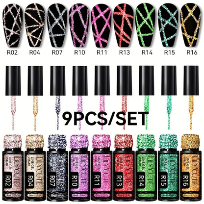Gel Nail Polish Nine-Piece Reflective Glitter Line Set, 5ml Each for Stripes and Graffiti Nail Art