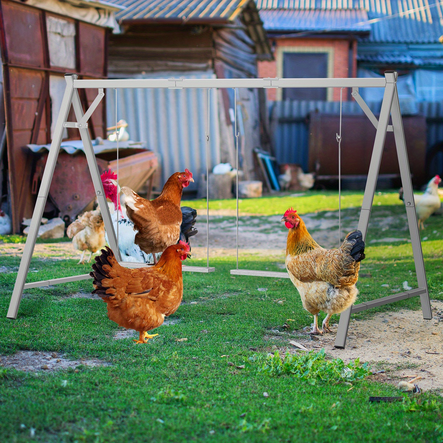 Chicken Swing Coop Toy Metal Perch for Backyard Hens Roosters Parrots Rabbits Promotes Exercise Balance Coordination Weather-Resistant Easy to Install Coop Accessory