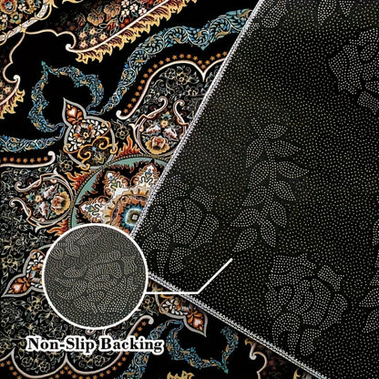 Area Rug Bohemian Floral Velvet in Four Machine-Washable Sizes with 100% Polyester Cut Pile