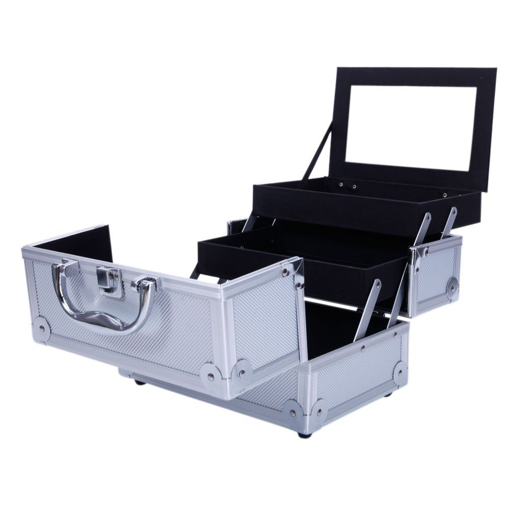 Tabletop Makeup Carry Case with Mirror, Fold-Out Trays and Dividers in Black, Silver or Pink
