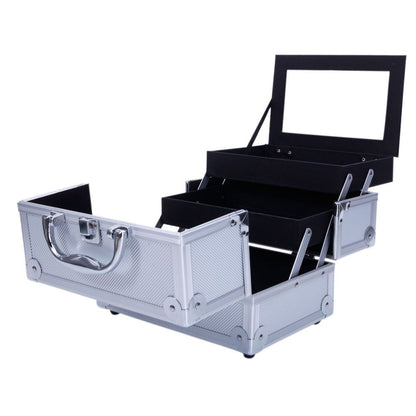 Tabletop Makeup Carry Case with Mirror, Fold-Out Trays and Dividers in Black, Silver or Pink