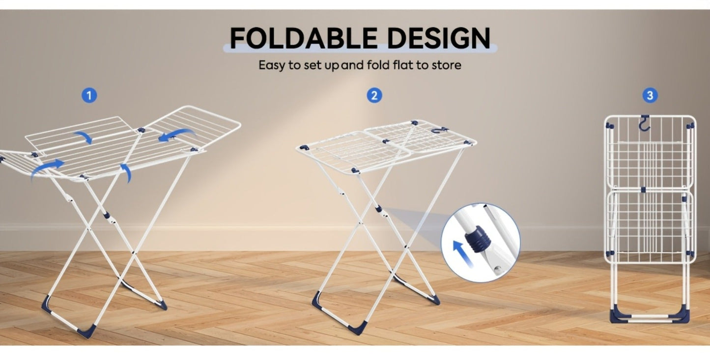 White Four-Wing Folding Clothes Drying Rack with X-Frame, Freestanding Laundry Bars and 55.1 x 37.8-Inch Layout