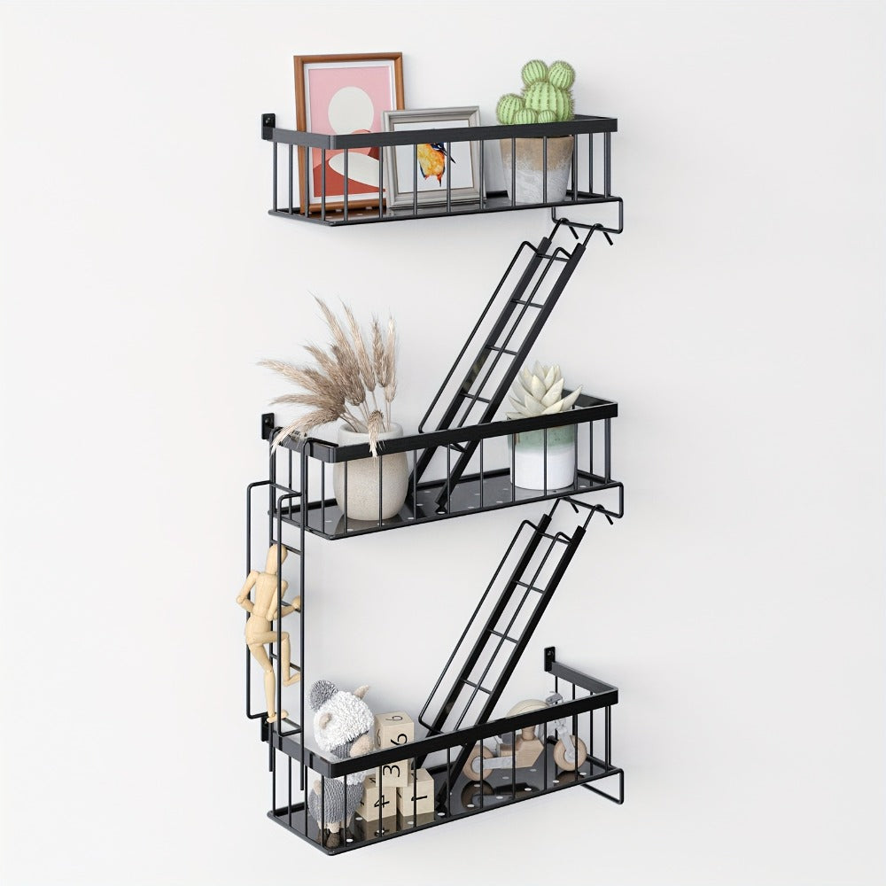 Three-Tier Black Ladder Wall Shelf with 27-Inch Height, Three Baskets and Side Hook Set for Storage