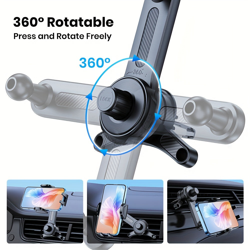 Three-Point Air-Vent Phone Mount with Extendable Hook, Adjustable Arm and Black Finish for In-Car Viewing