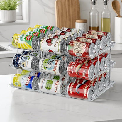 Can Storage Organizer 36-Can 3-Tier Auto-Rolling PET Rack with Tool-Free Assembly for Pantry Use