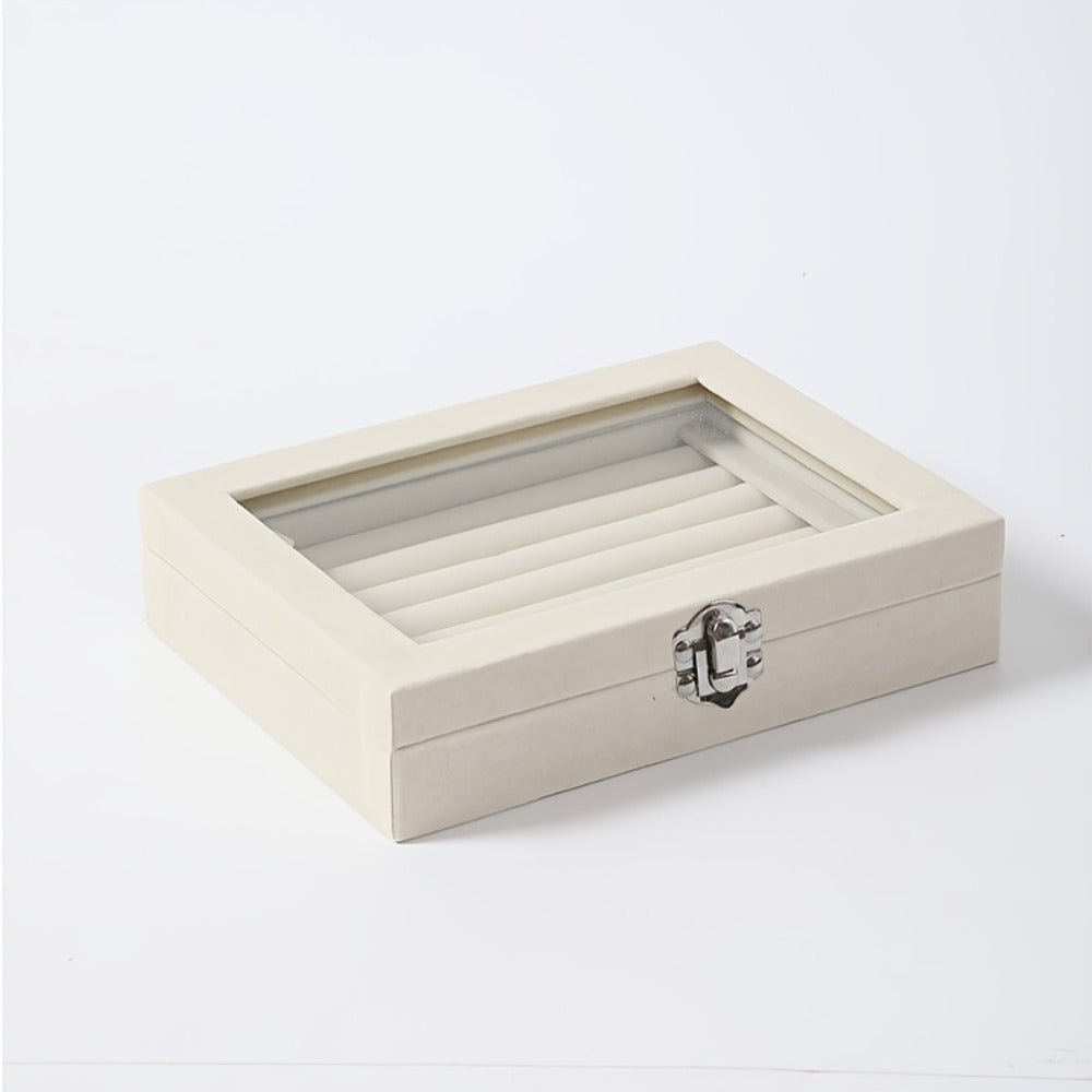 Jewelry Box with Locking Lid – 49-Ring Capacity Glass-Like Plastic Ring & Earring Organizer, Large Rectangular Storage Case, Waterproof Anti-Tarnish, 4 Colors, Holiday Gift
