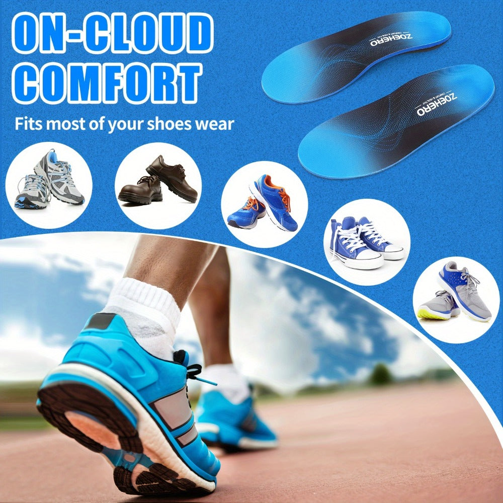 Blue Full-Length Shoe Insoles with Raised Arch Profile and Black Base in Ten Men's and Women's Size Options