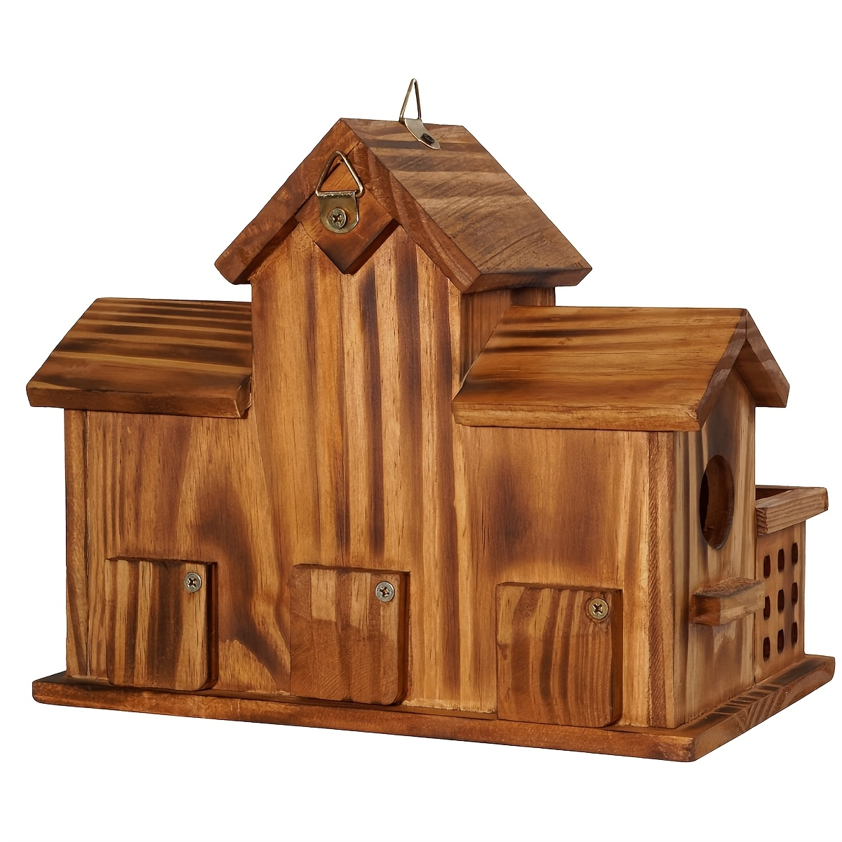 Three-Opening Wooden Birdhouse with Raised Center Roof, Twin Perched Side Trays and Hanging Loop