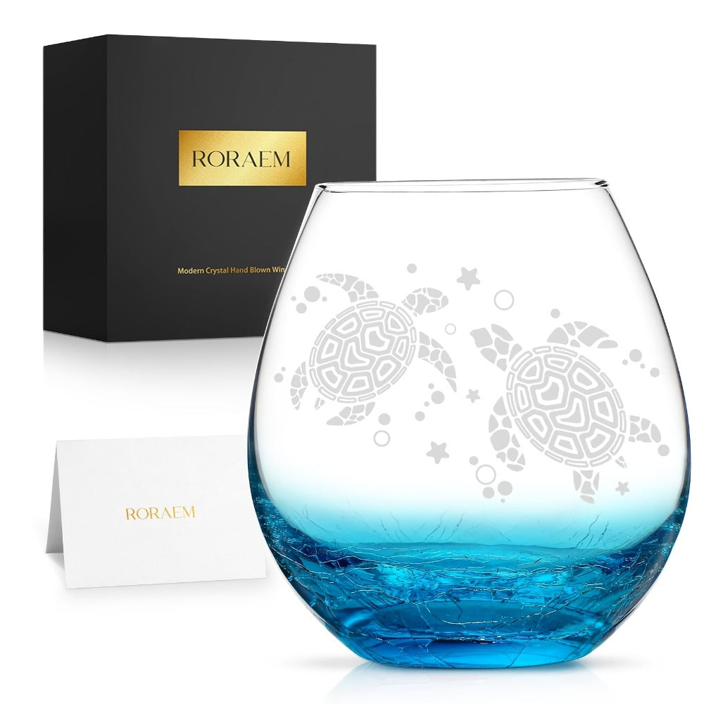 Sea Turtle Wine Glass Hand Etched Stemless 16oz Turquoise Crystal Glass Cup - Unique Wine Gifts for Women Ocean Beach Turtle Lovers Mom Wife - Sand Etched Art Gift Box Set for Birthday Christmas