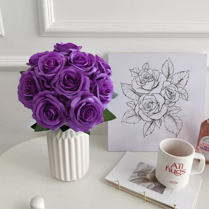 Artificial Flowers 10-Piece Silk Rose Set with 19.69-Inch Bendable Stems in Deep Purple or Dark Green