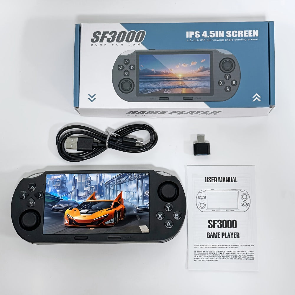 Handheld Game Console SF3000 Blue Console with 4.5-Inch HD Landscape Display, 64GB Options, 3000mAh Battery, Linux