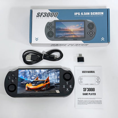 Handheld Game Console SF3000 Blue Console with 4.5-Inch HD Landscape Display, 64GB Options, 3000mAh Battery, Linux