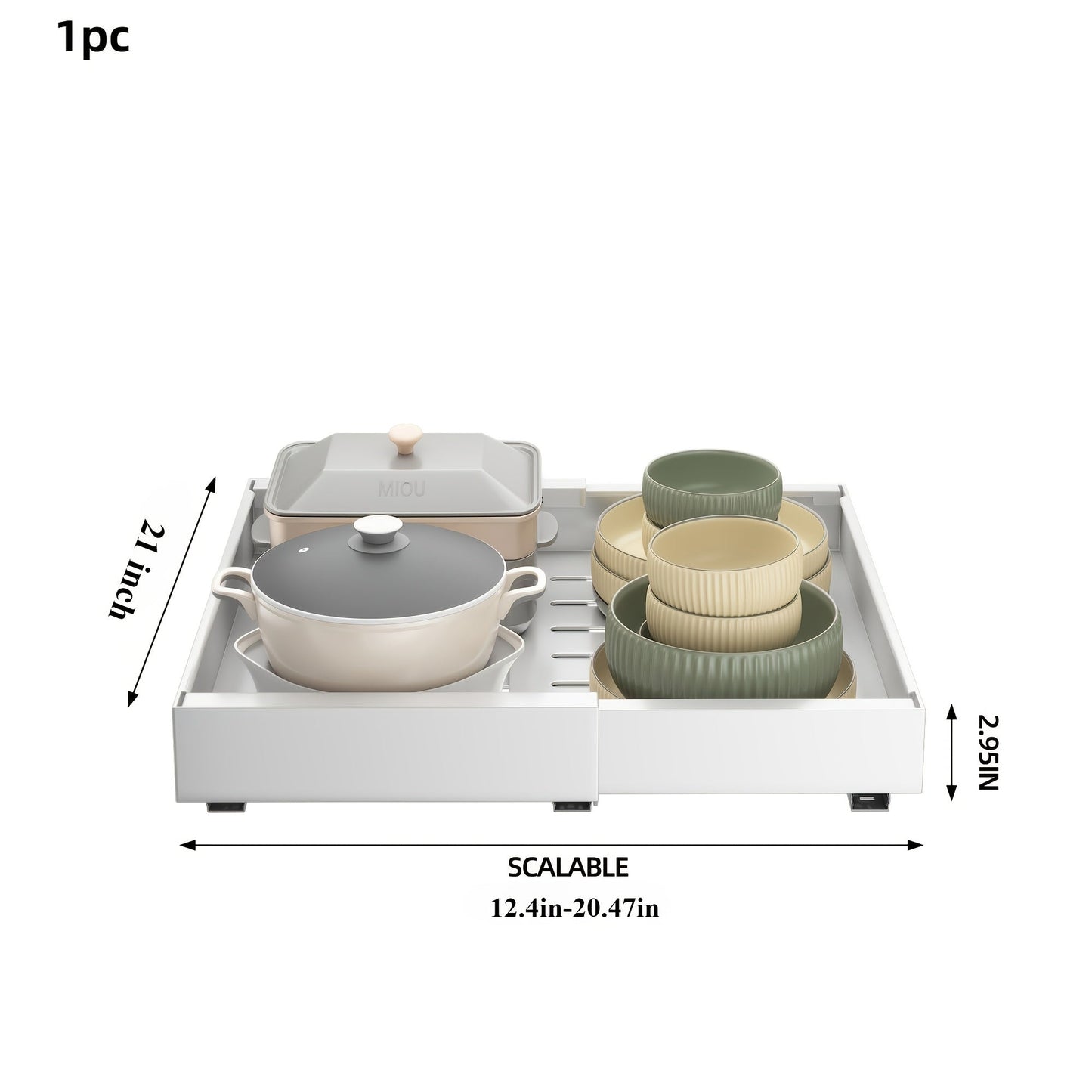 Expandable Pull-Out Cabinet Shelf with Adjustable Width, 16.5- or 21-Inch Depths and Black or White Pack Options