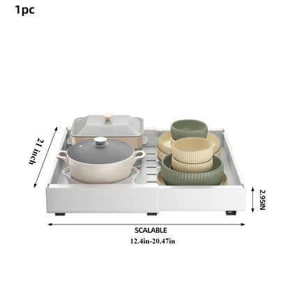 Expandable Pull-Out Cabinet Shelf with Adjustable Width, 16.5- or 21-Inch Depths and Black or White Pack Options
