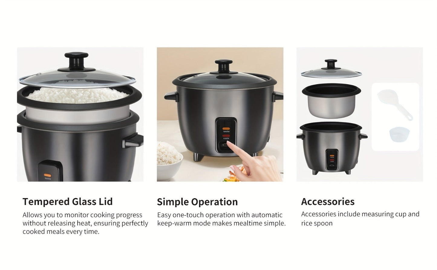 Three-Cup Uncooked / Six-Cup Cooked Rice Cooker with One-Touch Cook and Warm Modes, Inner Pot and Accessories